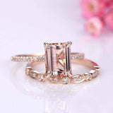 2.5ct Emerald Cut Peach Morganite Engagement Ring Bridal Set 14k RoseGold Finish