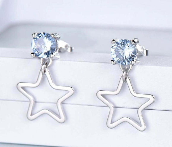 1ct Round Cut Blue Topaz Star Design Dangle Drop Earrings 14k White Gold Finish