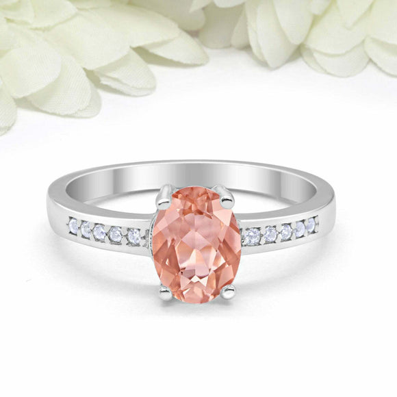 1.2ct Oval Cut Peach Morganite Diamond Accent Solitaire Ring 14k White Gold Over