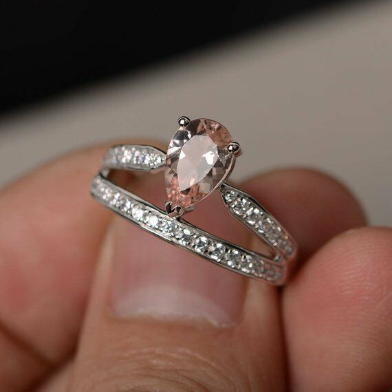 1.5ct Pear Cut Peach Morganite Crown Design Engagement Ring 18k WhiteGold Finish