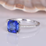 1ct Cushion Cut Blue Sapphire Solitaire Engagement Ring 14k White Gold Finish