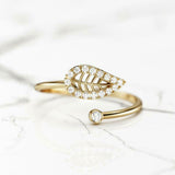 Open Bypass Leaf Design Engagement Ring 1ct Round Diamond 14k Yellow Gold Finish