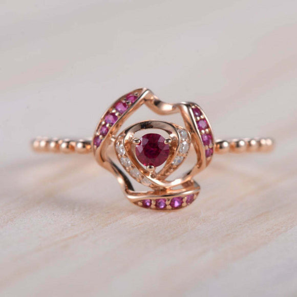 1.5ct Round Cut Pink Ruby Engagement Ring Stylish Halo Beaded 14k Rose Gold Over