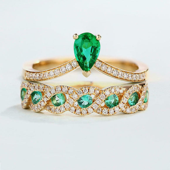 2.4ct Pear Green Emerald Bridal Set Wedding Engagement Ring 14k Yellow Gold Over