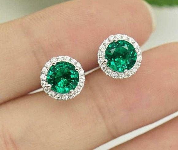 2.1ct Stud Earrings Round Cut Green Emerald Diamond Halo 14k White Gold Finish