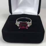 2.5ct Emerald Cut Pink Ruby Diamond Trilogy Engagement Ring 14k White Gold Over