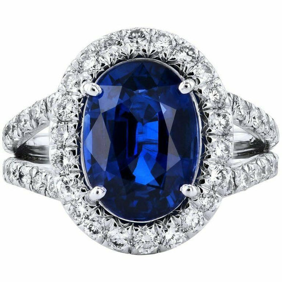 3ct Oval Cut Blue Sapphire Engagement Ring Halo Split Shank 14k White Gold Over