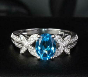 3Ct Oval Cut Blue Topaz Diamond Art Deco Engagement Ring 14K White Gold Finish