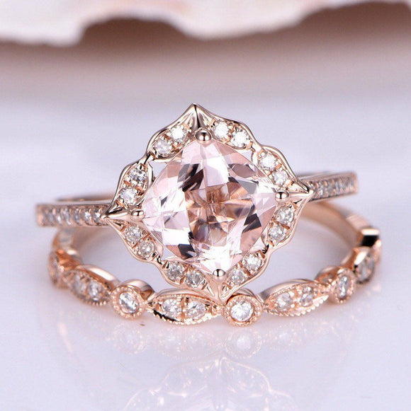 2ct Cushion Peach Morganite Vitange Floral Engagement Ring 14k Rose Gold Finish