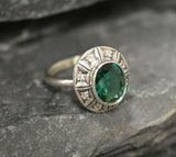 2ct Engagement Ring Oval Green Emerald Vintage Inspired Halo 14k White Gold Over