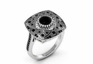 Antique Milgrain Engagement Ring 3ct Round Cut Black Diamond 14k White Gold Over