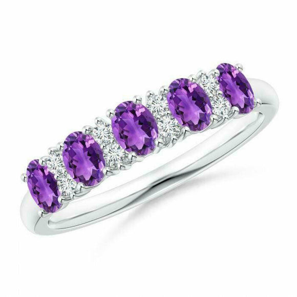 2.7ct Wedding Band Oval Cut Purple Amethyst Half Eternity 14k White Gold Finish