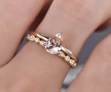 1Ct Pear Peach Morganite Bridal Set Solitaire Engagement Ring 14K Rose Gold Over