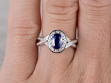 1.5ct Oval Cut Blue Sapphire Engagement Ring Diamond Halo 14k White Gold Finish