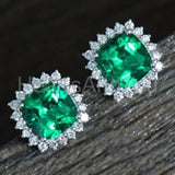 2ct Cushion Cut Simulated Green Emerald Halo Stud Earrings 14k White Gold Plated