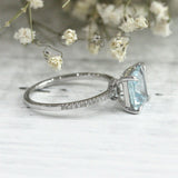 3Ct Princess Cut Blue Aquamarine Hidden Halo Engagement Ring 14K White Gold Over