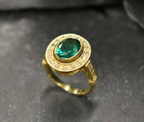 2.4ct Oval Cut Green Emerald Vintage Inspired Halo Ring 14k Yellow Gold Finish