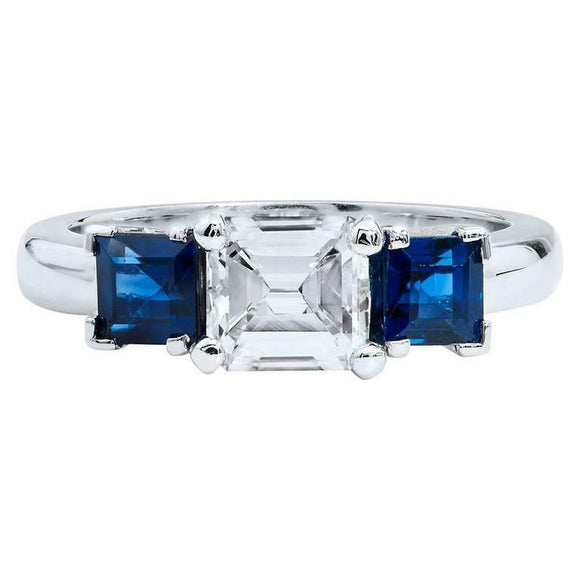 2ct Asscher Diamond Engagement Ring Trilogy Sapphire Accent 14k White Gold Over