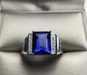 3ct Emerald Cut Blue Sapphire Signet Engagement Men Ring 14k White Gold Finish