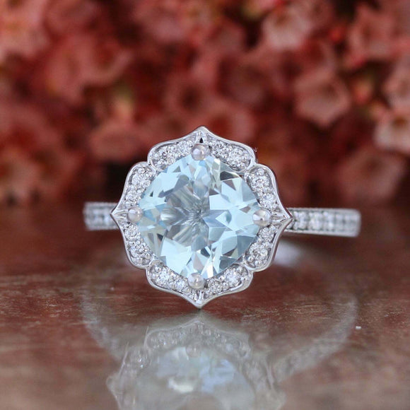 2ct Cushion Blue Aquamarine Engagement Ring Vintage Floral 18k White Gold Finish