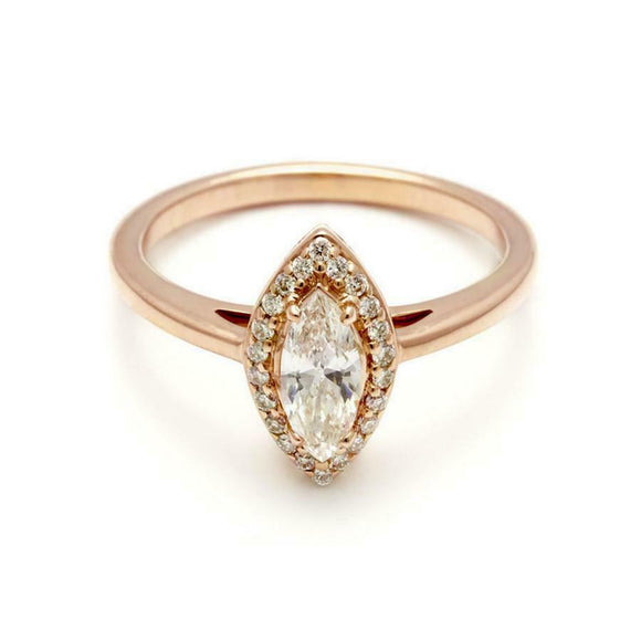 1.2ct Marquise Cut Diamond Engagement Ring 14k Rose Gold Finish Halo Solitaire