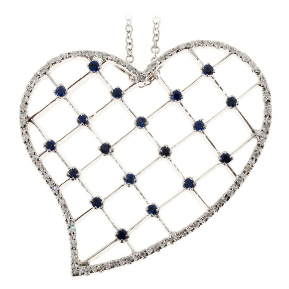 0.57ct Round Cut Blue Sapphire Pendant Chain Heart Shaped 14k White Gold Finish