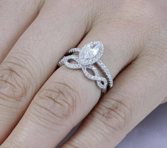 4Ct Marquise Cut Diamond Bridal Set Halo Ring Infinity Band 14K White Gold Over