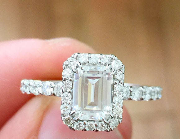 Halo Solitaire Engagement Ring 1.9ct Emerald Cut Diamond 14k White Gold Finish