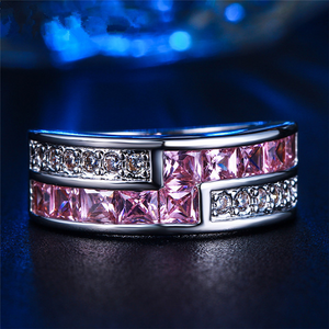 3Ct Princess Cut Pink Sapphire Diamond Wide Wedding Ring 14K White Gold Finish