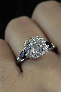 5Ct Cushion Cut Diamond Solitaire Ring 14K White Gold Over Blue Sapphire Accents