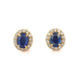 2ct Stud Earrings Oval Cut Blue Sapphire Halo Design 14k Yellow Gold Finish