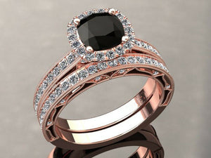 2.7ct Cushion Cut Black Diamond Halo Milgrain Bridal Set Ring 14k Rose Gold Over