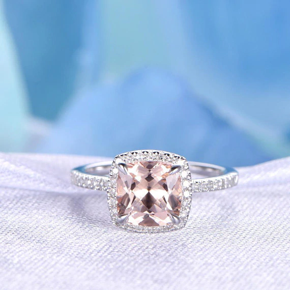 2ct Cushion Cut Peach Morganite Engagement Ring Diamond Halo 14k White Gold Over