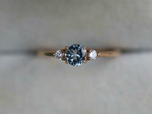 1ct Engagement Ring Round Cut Blue Aquamarine Three Stone 14k Yellow Gold Finish