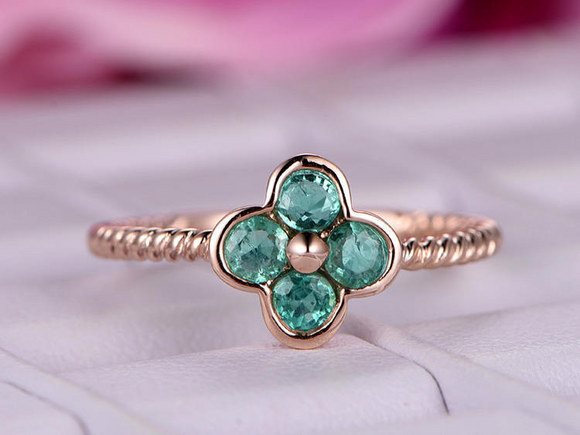 1ct Round Green Emerald Engagement Ring Braided Flower Clover 14k Rose Gold Over