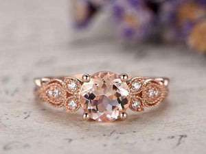 1.2ct Round Peach Morganite Engagement Ring 14k RoseGold Finish Antique Milgrain