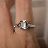 1ct Emerald Cut Morganite Engagement Ring Flower Solitaire 14k White Gold Finish