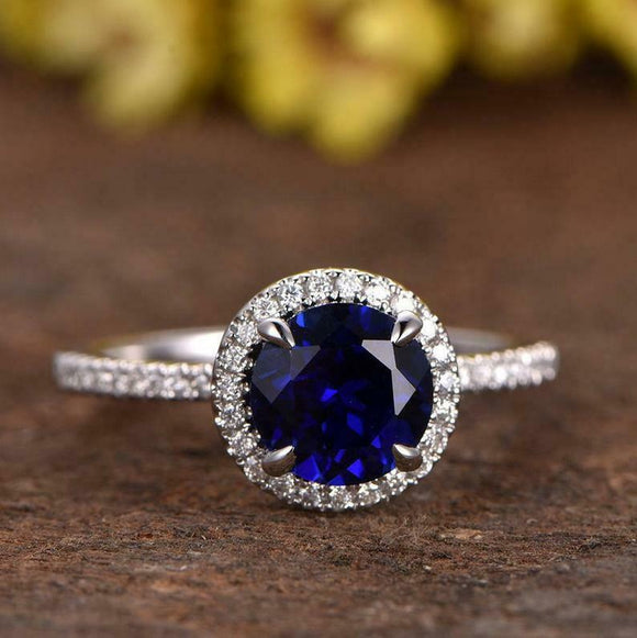 2ct Round Blue Sapphire Engagement Ring Diamond Accent Halo 14k WhiteGold Finish