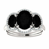 3ct Oval Cut Black Diamond Halo Trilogy Engagement Ring 14k White Gold Finish