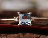 1ct Princess Cut Blue Aquamarine Engagement Ring Three Stone 14k RoseGold Finish