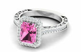 2.5ct Emerald Pink Sapphire Halo Solitaire with Accent Ring 14k WhiteGold Finish