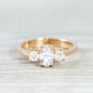 Round Accents Trilogy Engagement Ring 1ct Oval Cut Diamond 14k YellowGold Finish