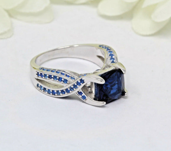 3Ct Cushion Cut Blue Sapphire Reverse Split Shank Ring 14K White Gold Finish