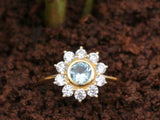 2.1ct Round Cut Blue Aquamarine Floral Minimalist Ring 14k Yellow Gold Finish