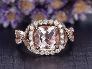 3ct Cushion Cut Peach Morganite Engagement Ring 14k RoseGold Finish Halo Wedding