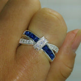 2ct Round Blue Sapphire Wedding Band Ring 14k White Gold Finish Bow Knot Unique