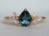 1.6ct Engagement Ring Pear Cut London Blue Topaz Leaf Accent 14k RoseGold Finish