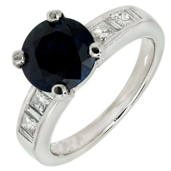 2ct Round Cut Blue Sapphire Engagement Ring Diamond Accents 14k White Gold Over