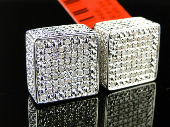 0.9ct Round Cut Diamond Ice Square Cube Cluster Stud Earrings 14k WhiteGold Over