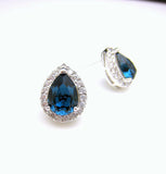 2ct Pear Cut Blue Sapphire Halo Solitaire Stud Earrings 14k White Gold Finish